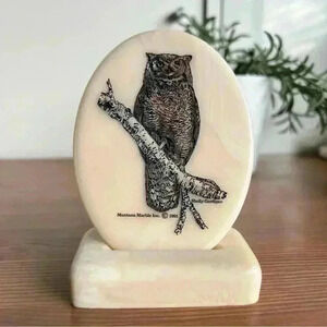 Montana Marble  Inc Wildlife Art Owl 🦉 Etched Plaque 1991 W/ Stand